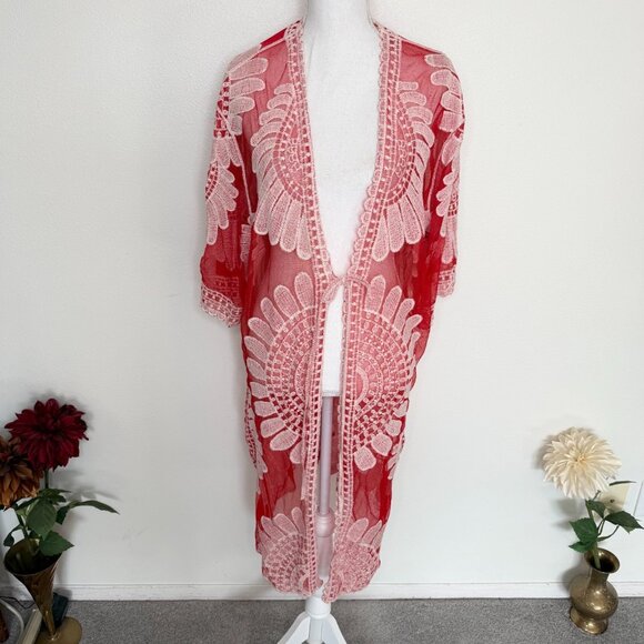Ember Sz L Embroidered Lace Tie Front Beach Swim Resort Cover Up Sheer Red - Picture 1 of 5